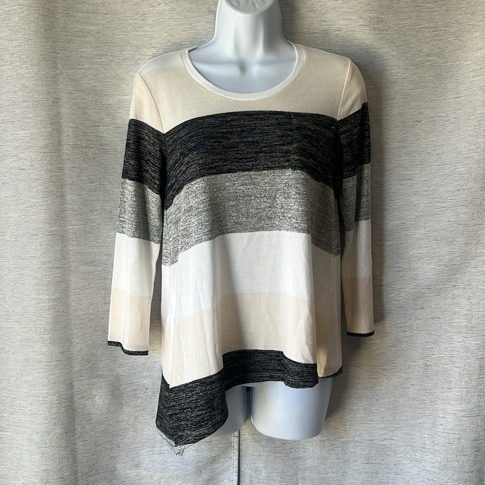 NWT Market & Spruce Striped Asymmetrical Knit Top XS Cream Black 3/4 Sleeve